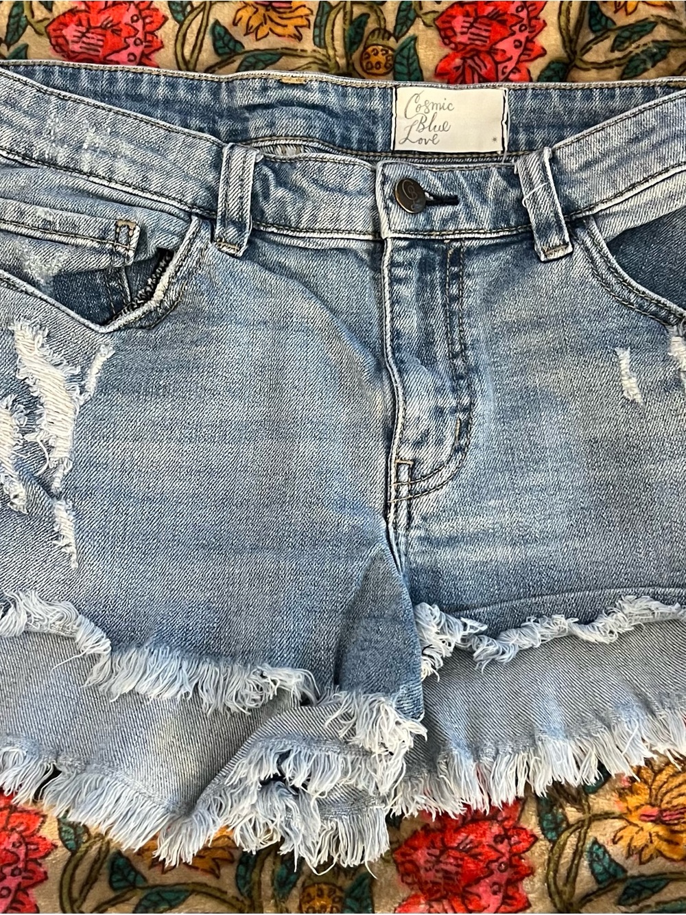 Cosmic Blue Love Light Blue Distressed Denim Jean Shorts